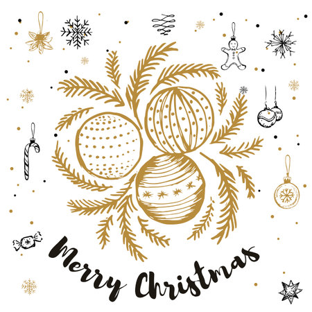 Merry Christmas and Happy New Year hand drawn greeting card with christmas balls. Vectorのイラスト素材
