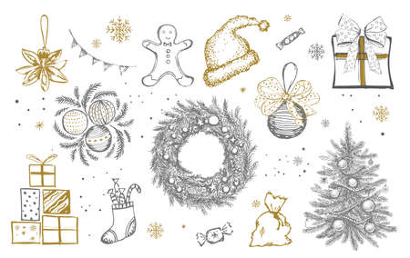 Christmas pattern in sketch style. Hand drawn illustration.のイラスト素材