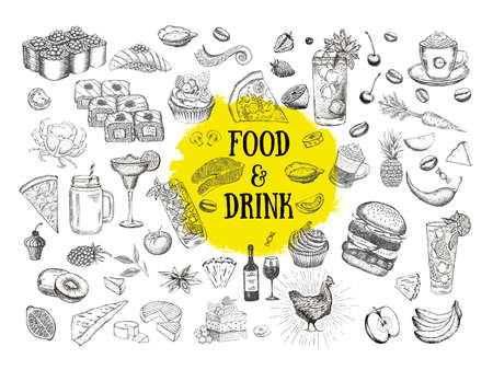 Vector set with food and drink hand drawnのイラスト素材