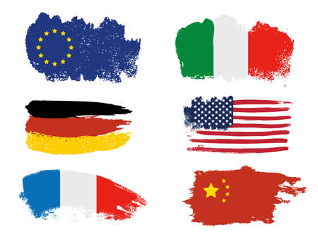 Collection of popular world flags, brush strokes painted flagsのイラスト素材