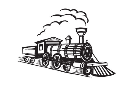 Steam locomotive line art illustration design in black and white color.のイラスト素材