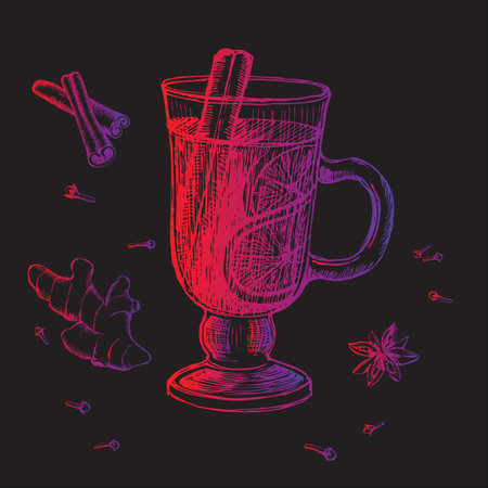 Mulled wine with cinnamon, ginger and anise. Hand drawn vector illustration in sketch style.のイラスト素材
