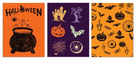 Halloween symbols hand drawn illustrationsのイラスト素材