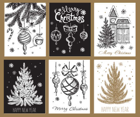 Christmas toy, fir tree, snow, hand drawn, vector illustration.のイラスト素材