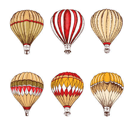 Hot air balloons flying. Hand drawn illustration. Vector.のイラスト素材