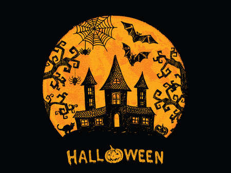 Halloween horror night vector background. Hand drawn illustration.のイラスト素材