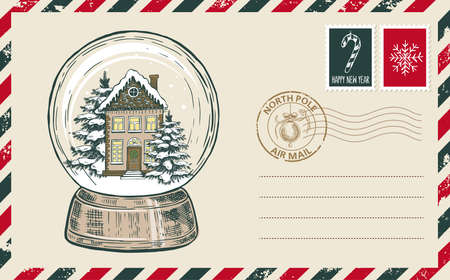 Christmas mail, postcard, hand drawn illustration.のイラスト素材
