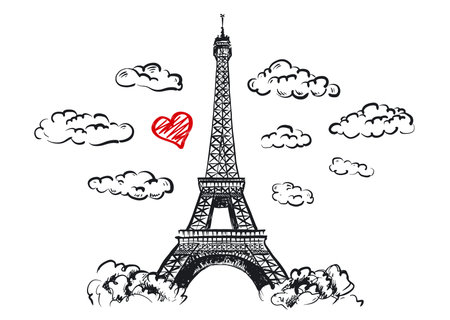 Eiffel Tower, Set of hand drawn French, Paris sketch illustration.のイラスト素材