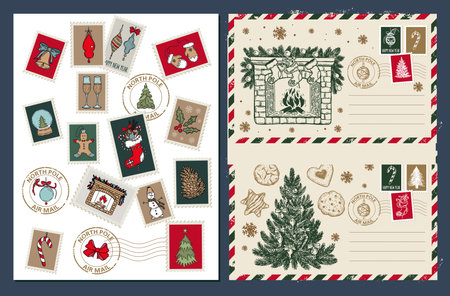 Christmas mail, postcard, hand drawn illustration.のイラスト素材