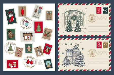 Christmas mail, postcard, hand drawn illustration.のイラスト素材