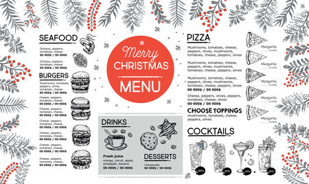 Christmas menu design template with hand-drawn graphic elements. Vector illustrationのイラスト素材