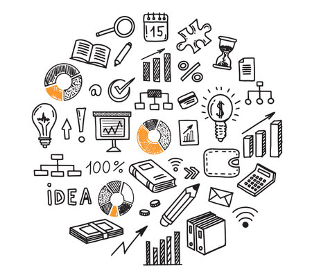 Business doodles icons set. Hand drawn vector illustration. Isolated on white background.のイラスト素材