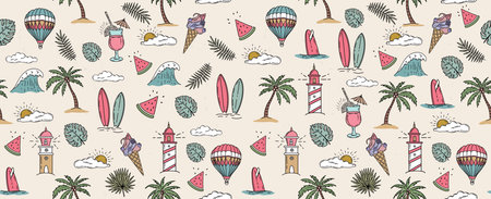 Seamless pattern with doodle beach elements. Vector illustration
