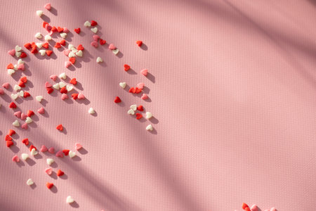 Valentine's Day background with red, pink, white hearts, top viewの写真素材