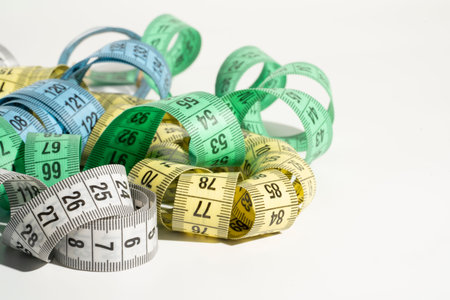 Measuring tape of different colors and sizes on a white background.
