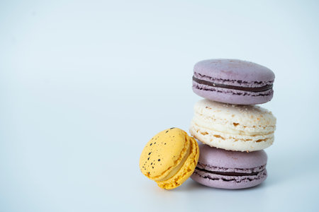Colorful macaroons on a white background. Sweet macaroon.の写真素材