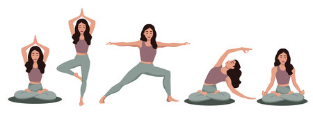 Set of yoga poses. Vector illustration in flat cartoon style. Isolated on white background.のイラスト素材