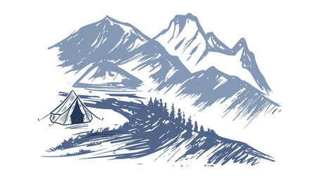 Camping tent and mountains. Hand drawn sketch. Vector illustration.のイラスト素材