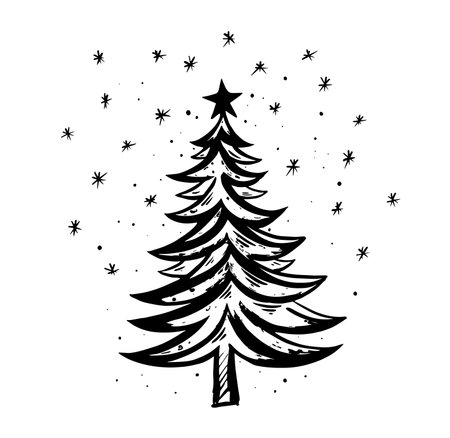 Hand drawn Christmas tree with snowflakes. Vector illustration isolated on white background.のイラスト素材