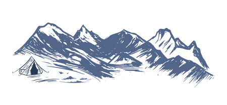 Hand drawn sketch of a mountain landscape with a tent. Vector illustration.のイラスト素材
