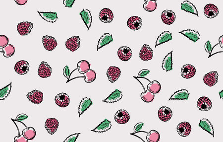 Seamless pattern with hand drawn raspberries and cherriesのイラスト素材
