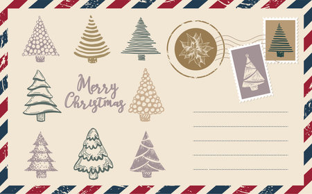 Christmas mail, postcard, hand drawn illustration.のイラスト素材