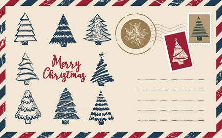 Christmas mail, postcard, hand drawn illustration.のイラスト素材