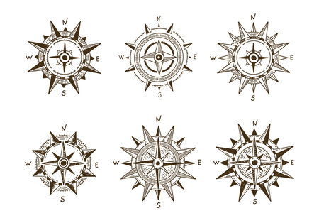 Compass Wind rose, set hand drawn Illustration.のイラスト素材