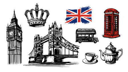 Big Ben, Tower bridge, telephone booth, hand drawn illustrations, sketch style. Vector.のイラスト素材