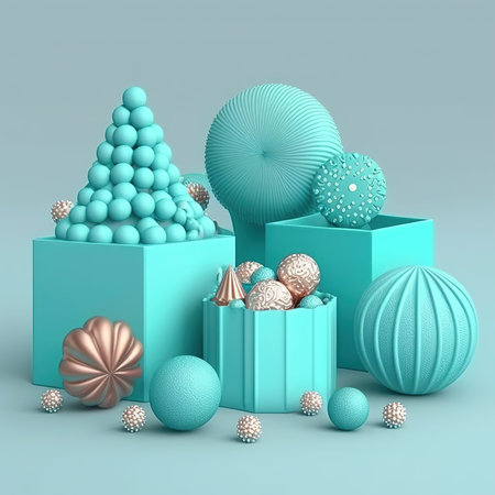 3d render of christmas tree with balls and gift boxes on blue backgroundの素材