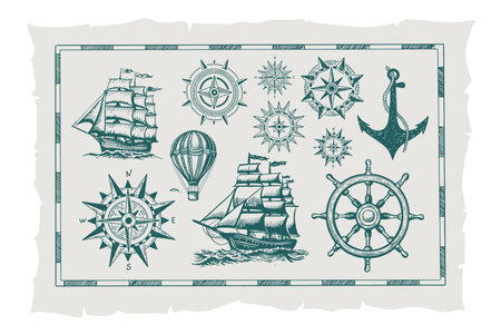 Vintage sailing yachts, anchor, wind rose, ship steering wheel, vector.のイラスト素材