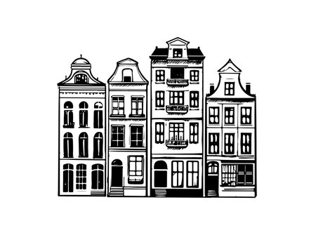 Houses facades in a row, Amsterdam hand drawn illustration.のイラスト素材