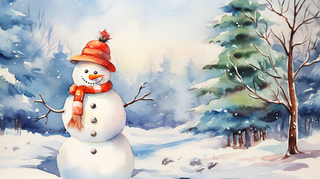 Snowman and Christmas tree, watercolor style.の素材