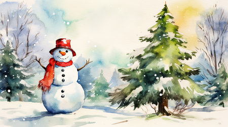 Snowman and Christmas tree, watercolor style.の素材
