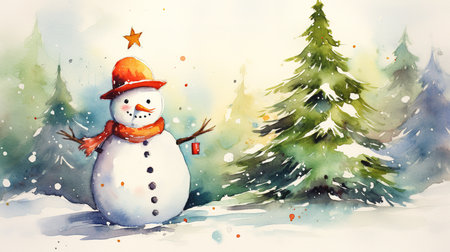 Snowman and Christmas tree, watercolor style.の素材