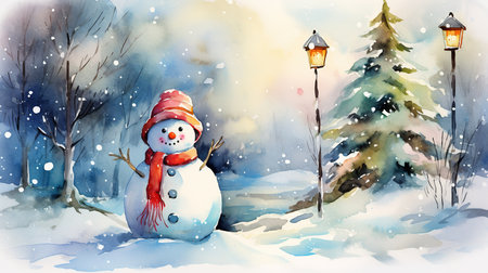 Snowman and Christmas tree, watercolor style.の素材