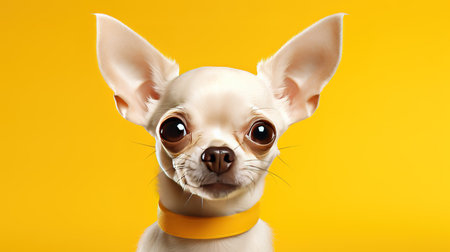 portrait of a cute purebred puppy chihuahua on a yellow backgroundの素材