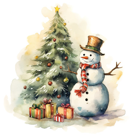 Snowman and Christmas tree, watercolor style.の素材