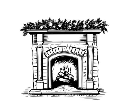 Fireplace with socks and Christmas decorations, hand drawn illustration. Vector.のイラスト素材