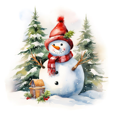 Snowman and Christmas tree, watercolor style.の素材