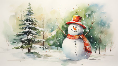 Snowman and Christmas tree, watercolor style.の素材