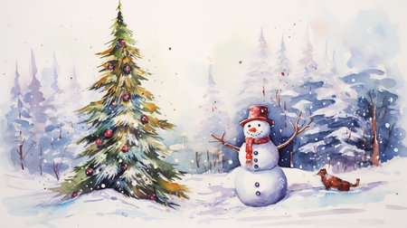 Snowman and Christmas tree, watercolor style.の素材