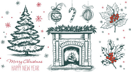 Christmas set in sketch style. Hand drawn illustration.のイラスト素材