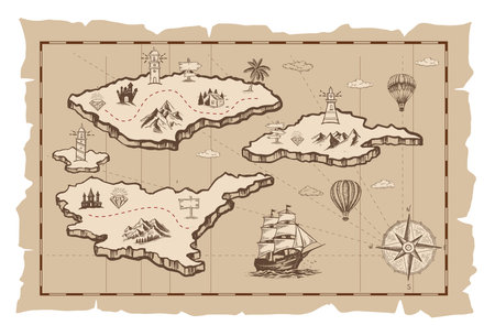 Old treasure map vector sketch. Hand drawn illustrations, vector.のイラスト素材