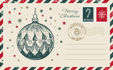 Christmas mail, postcard, hand drawn illustration.のイラスト素材