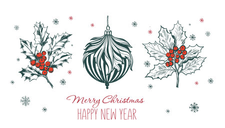 Holly berry and ball Christmas, hand drawn illustrationsのイラスト素材