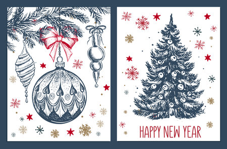Christmas tree, toys, hand drawn style, vector illustrationのイラスト素材
