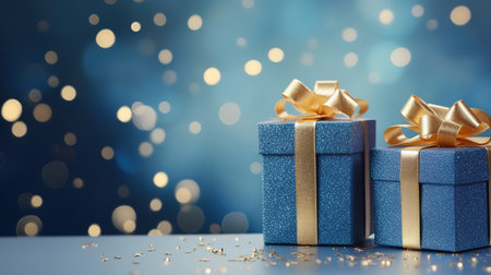 Gift boxes with golden bow on blue bokeh background.の素材
