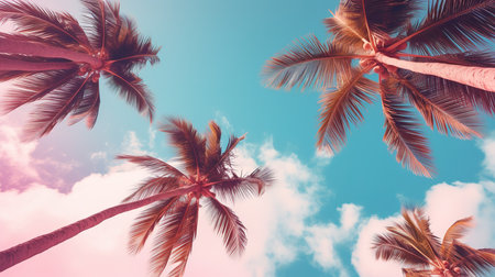 Coconut palm trees on blue sky background. Vintage tonedの素材