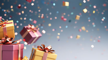 Merry New Year and Merry Christmas Colorful gift boxes with confetti flyingの素材